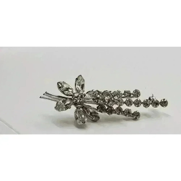Vintage Clear Rhinestone Brooch Austria Long Stem Flower Spray Tall Layers - Picture 14 of 14
